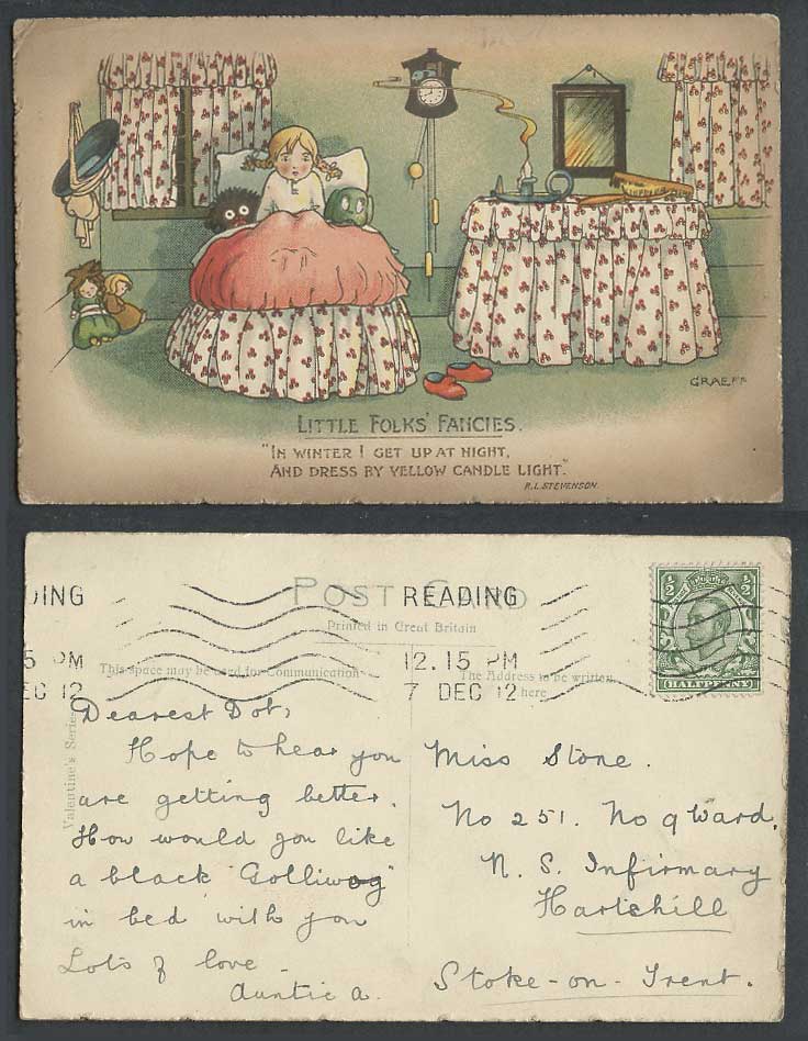 Graeff Artist Signed 1912 Old Postcard Black Doll Dog Girl Little Folk's Fancies