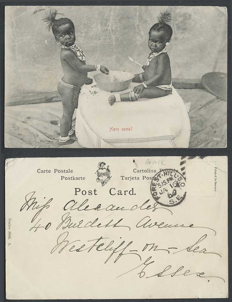 South Africa ZULU Black Children Eating Have Some? Ethnic Life 1900 Old Postcard