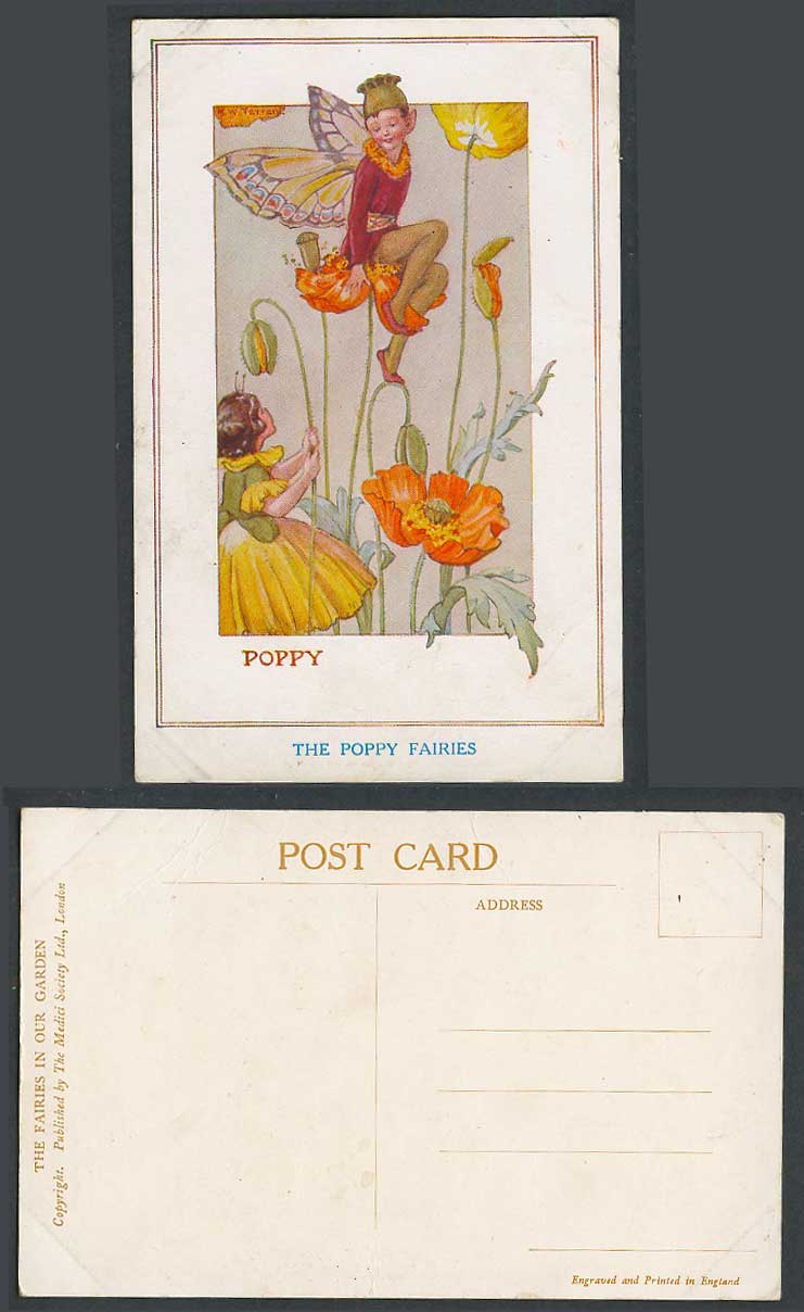 Margaret W. Tarrant Old Postcard The Poppy Fairies in Our Garden, Fairy, Flower