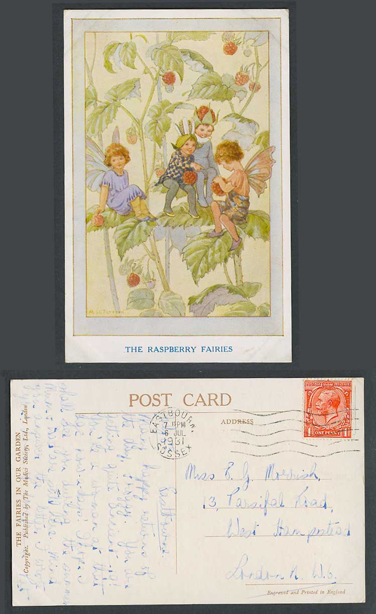 M.W. Tarrant Artist Signed 1931 Old Postcard The Raspberry Fairies in Our Garden