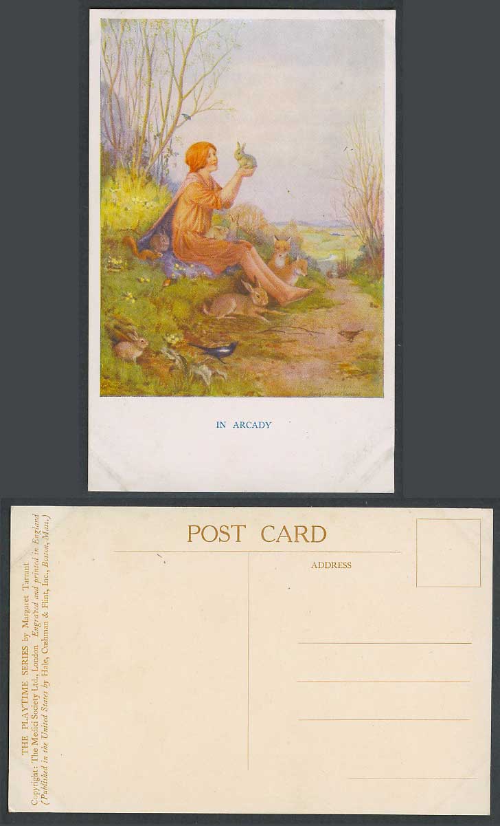 Margaret W. Tarrant Old Postcard The Playtime In Arcady Girl Rabbit Fox Bird Squ