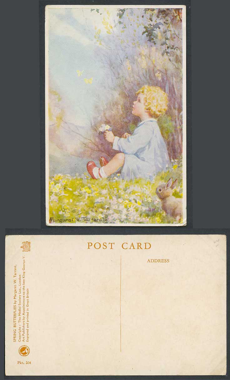 Margaret W. Tarrant Old Postcard Spring Butterflies Girl Flower Rabbit Butterfly