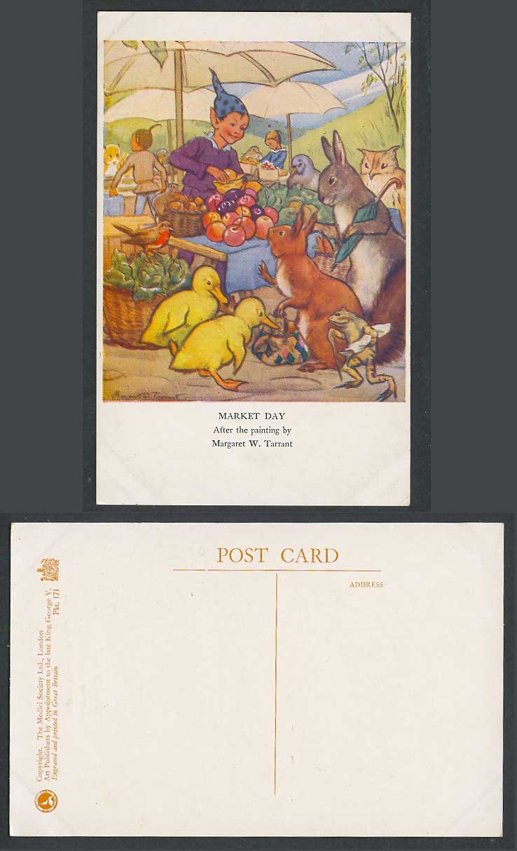 Margaret W. Tarrant Old Postcard Market Day Elves Rabbit Frog Duck Bird Owl Bird