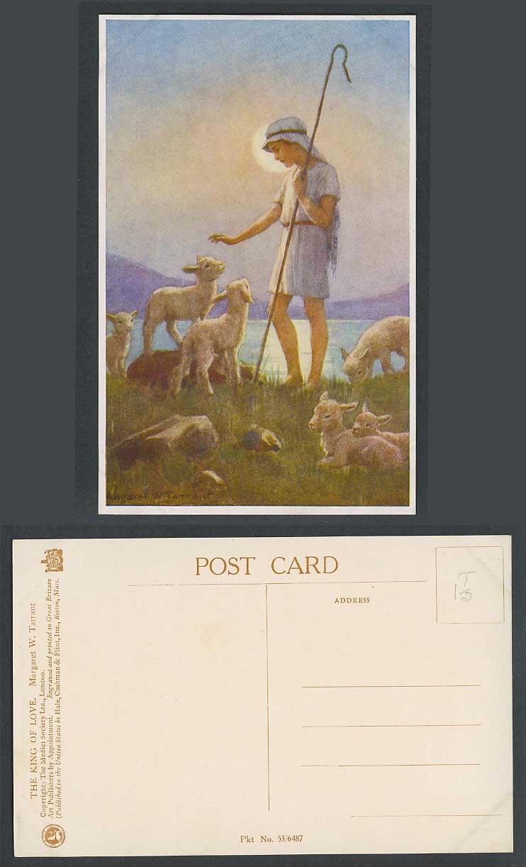Margaret W. Tarrant Old Postcard The King of Love, Shepherd Boy Lambs Sheep Lake