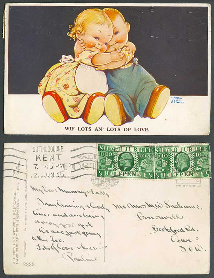 MABEL LUCIE ATTWELL 1935 Old Postcard Children Hug Wif Lots an Lots of Love 2833