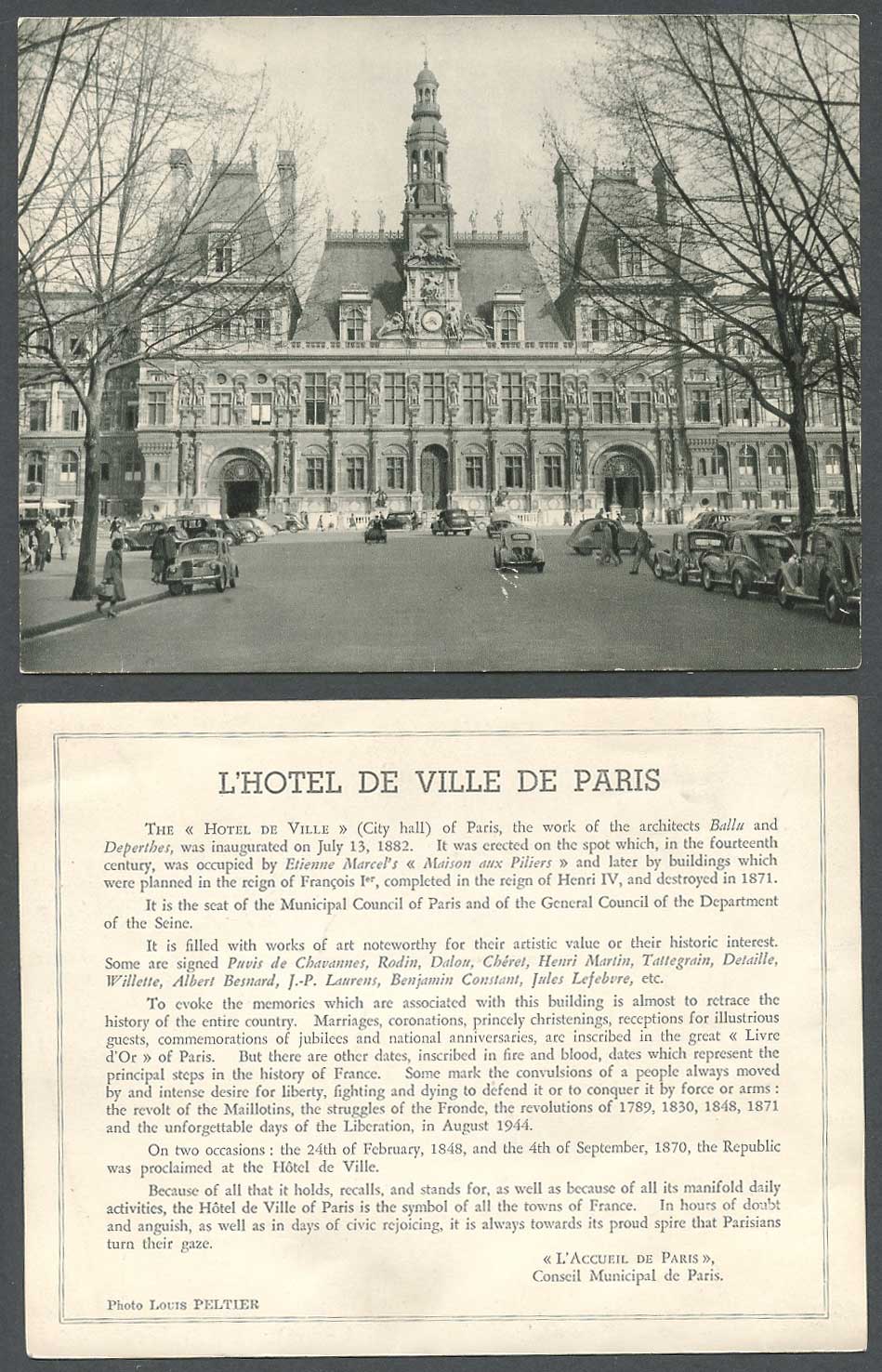 France Paris l'Hotel de Ville Town Hall Street Scene Vintage Motor Cars Big Card