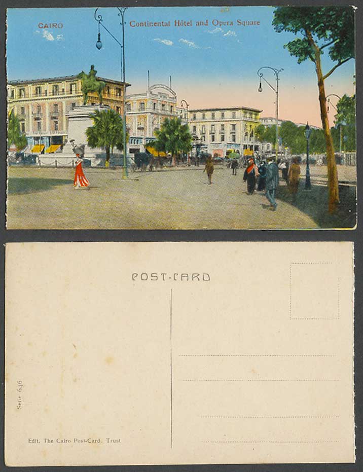 Egypt Old Colour Postcard Cairo, Continental Hotel and Opera Square Street Scene