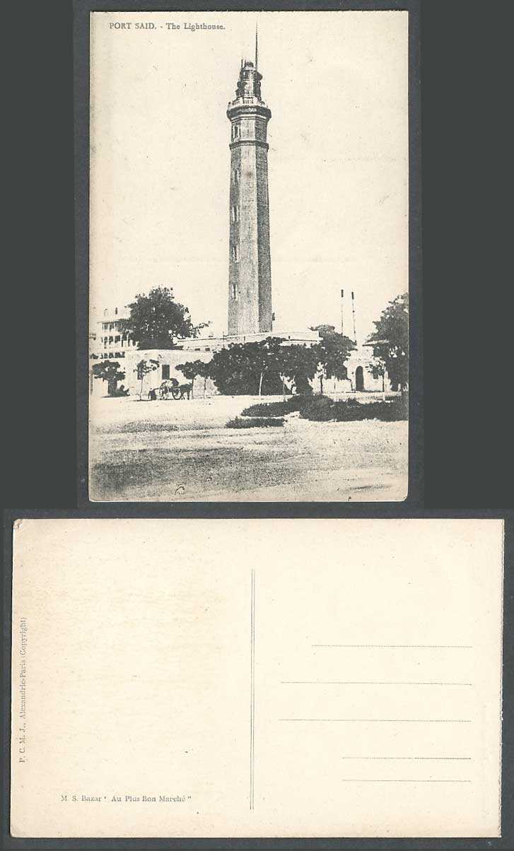Egypt Old Postcard Port Said, The Lighthouse Le Phare, Donkey Cart, Street Scene