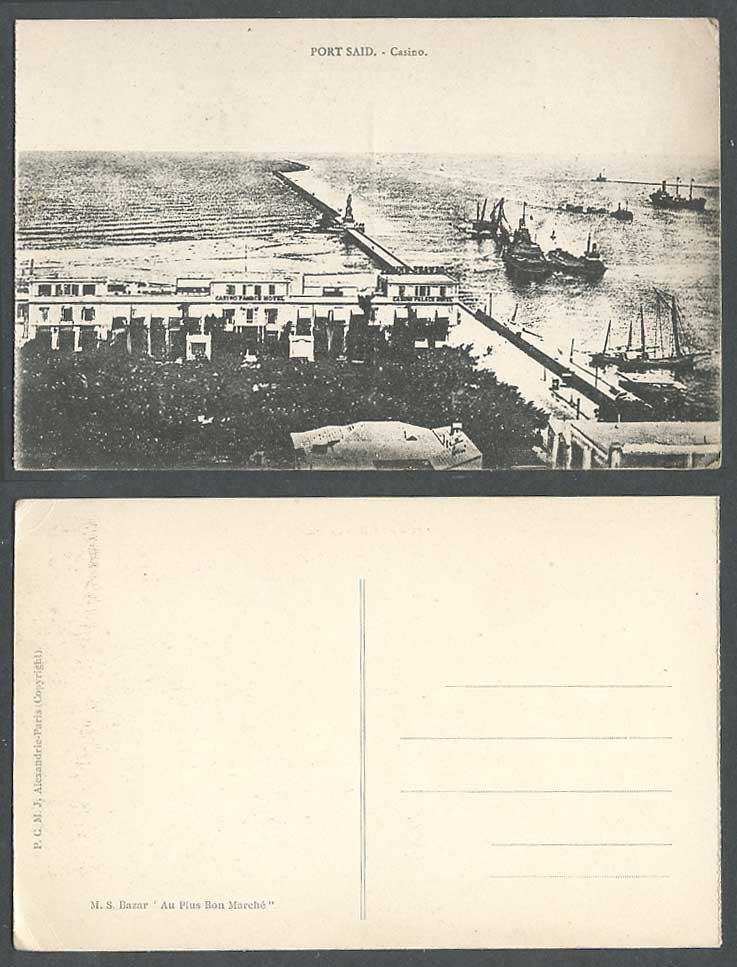 Egypt Old Postcard Port Said Casino Palace Hotel Breakwater Statue Harbour Ships