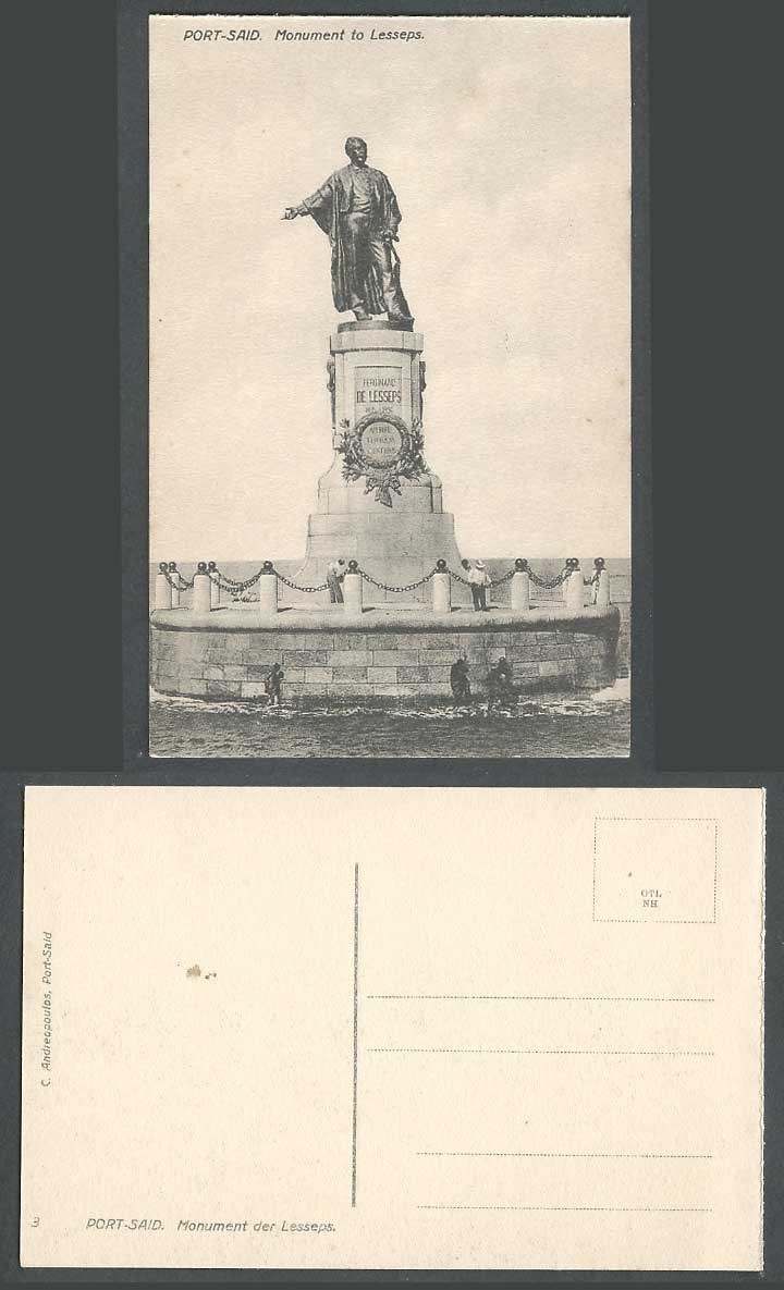 Egypt Old Postcard Port Said Monument to Ferdinand Lesseps Statue Canal Engineer