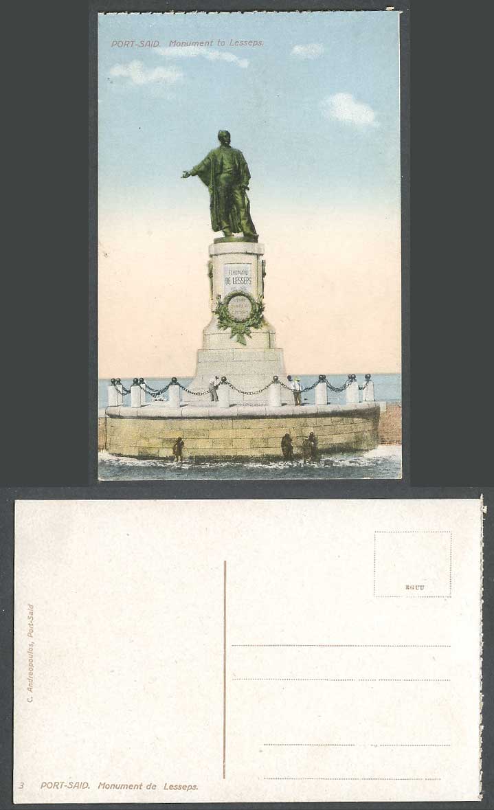 Egypt Old Colour Postcard Port Said Monument to Ferdinand Lesseps Statue Natives