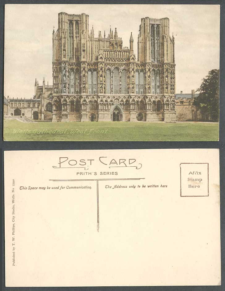 Wells Cathedral, West Front, Somerset Old Hand Tinted Postcard Frith's Series