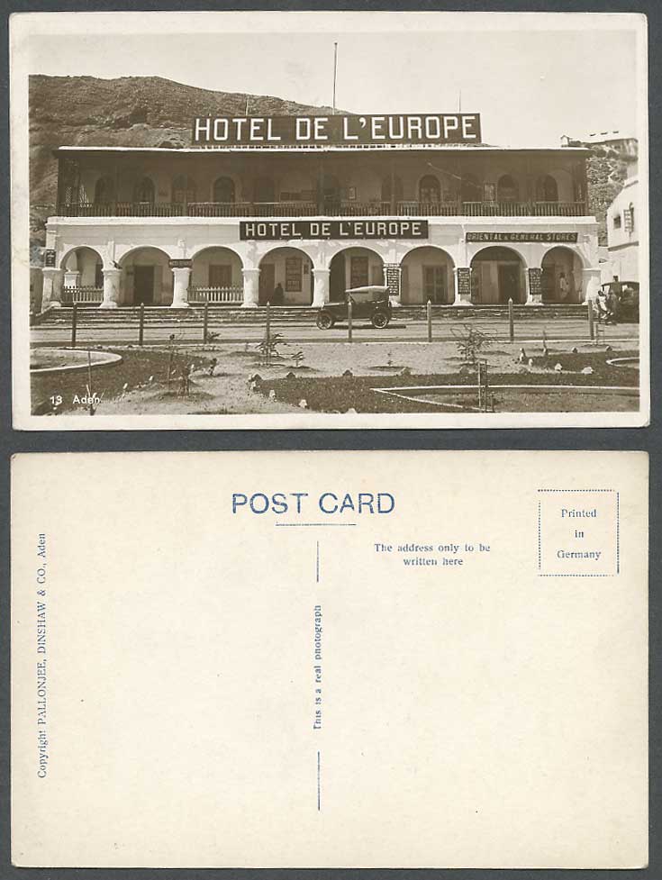 Aden Hotel de l'Europe, Vintage Motor Car Oriental & General Stores Old Postcard