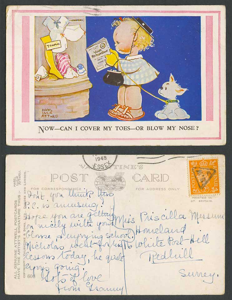 MABEL LUCIE ATTWELL 1948 Old Postcard Now Can I Cover My Toes, Blow My Nose? 606