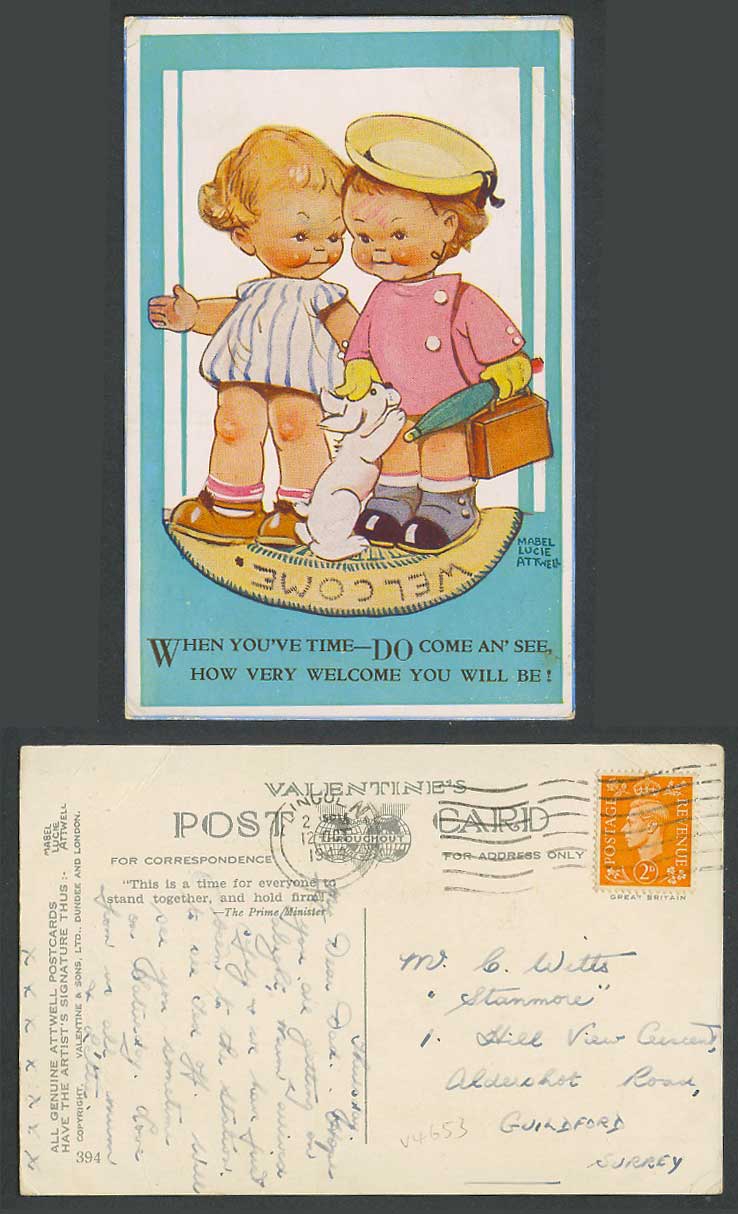 MABEL LUCIE ATTWELL 1944 Old Postcard When You've Time, Come an' See Welcome 394