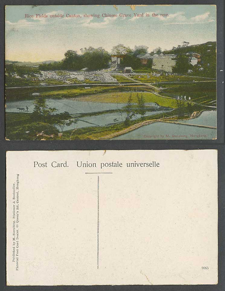 China Old Colour Postcard Rice Fields outside Canton, Chinese Grave Yard in Rear
