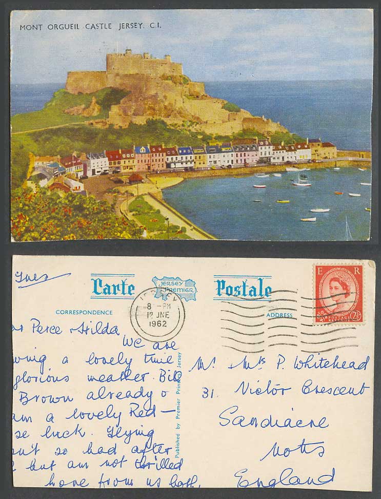 Jersey QEII. 1962 Old Colour Postcard Mont Orgueil Castle Boats Harbour Panorama