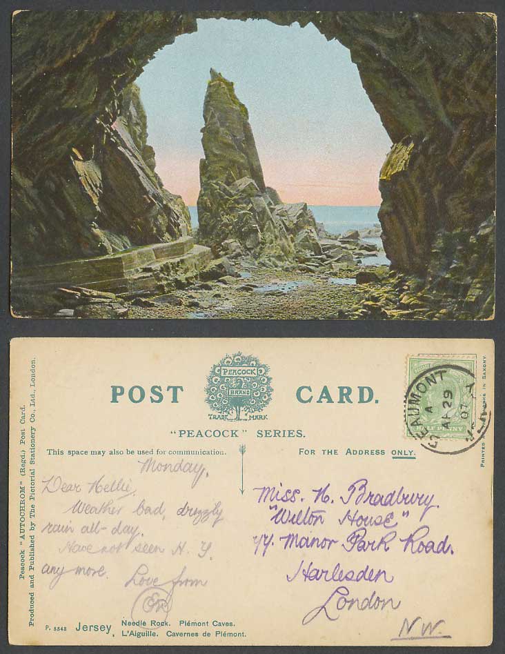 Jersey 1907 Old Colour Postcard Needle Rock Plemont Cave, L'Aiguille Cavernes de