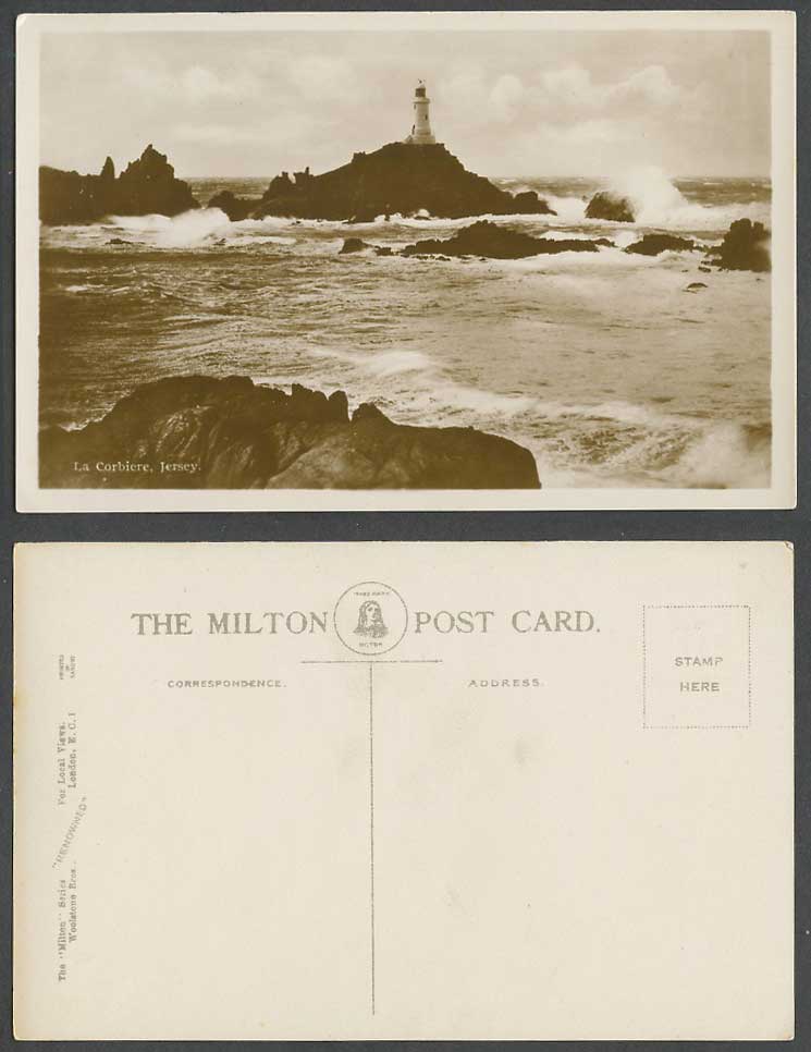 Jersey Old Real Photo Postcard La Corbiere Lighthouse Rough Sea Rocks Waves C.I.