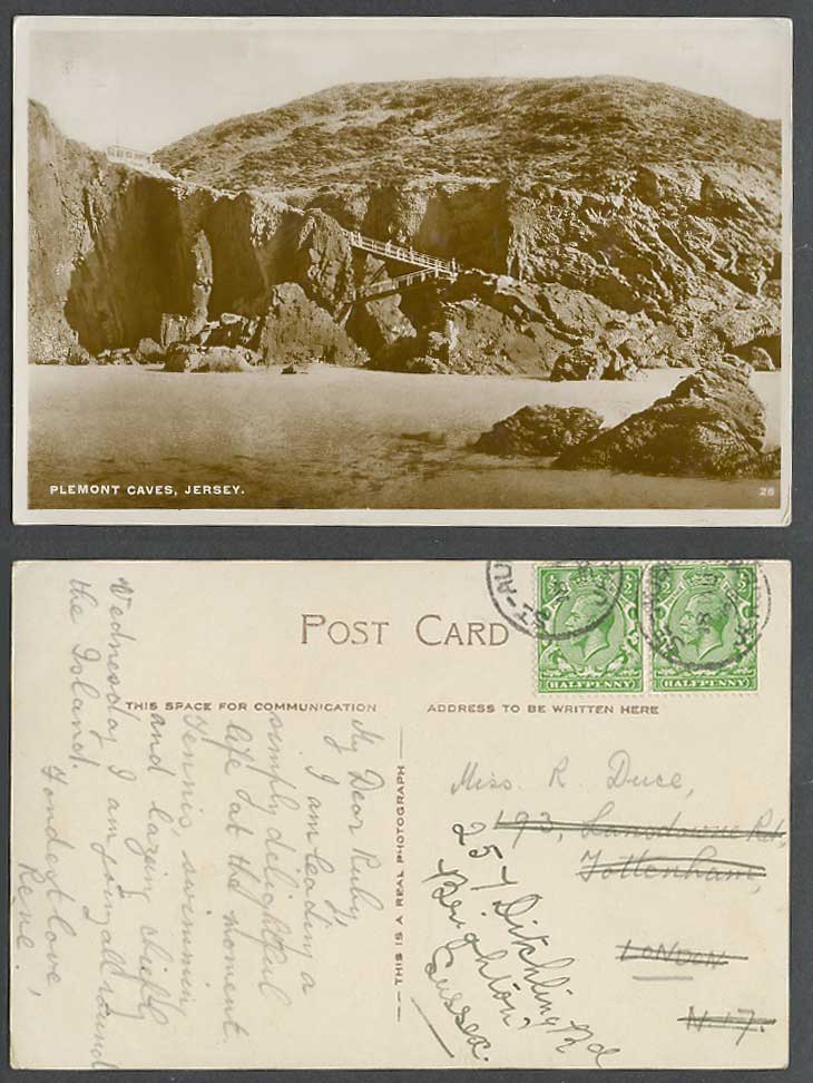 Jersey KG5 1/2d x2 1930 Old Real Photo Postcard Plemont Caves Bridges Rocks Cave
