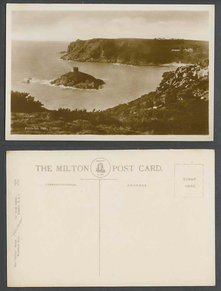 Jersey Old Real Photo Postcard Portelet Bay, Round Tower, Small Island, Panorama