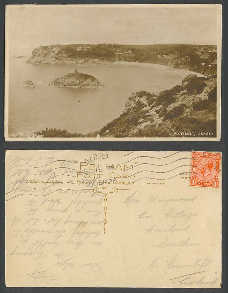 Jersey 1928 Old Real Photo Postcard Portelet Bay, Round Tower on Island Panorama