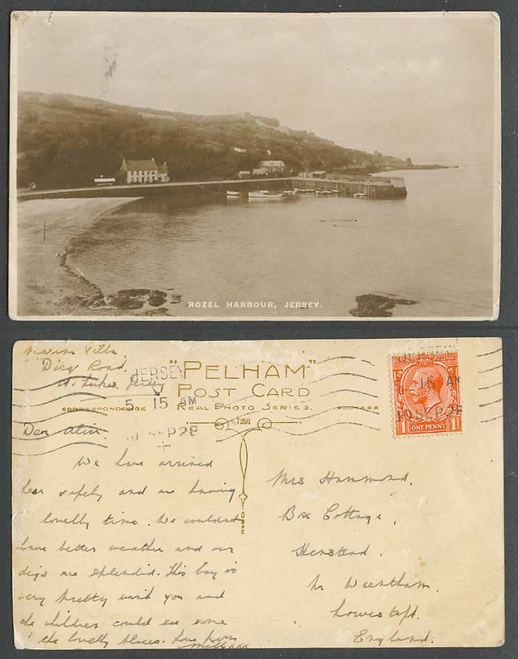 Jersey 1928 Old Real Photo Postcard Rozel Harbour Jetty Pier Boat Beach Panorama