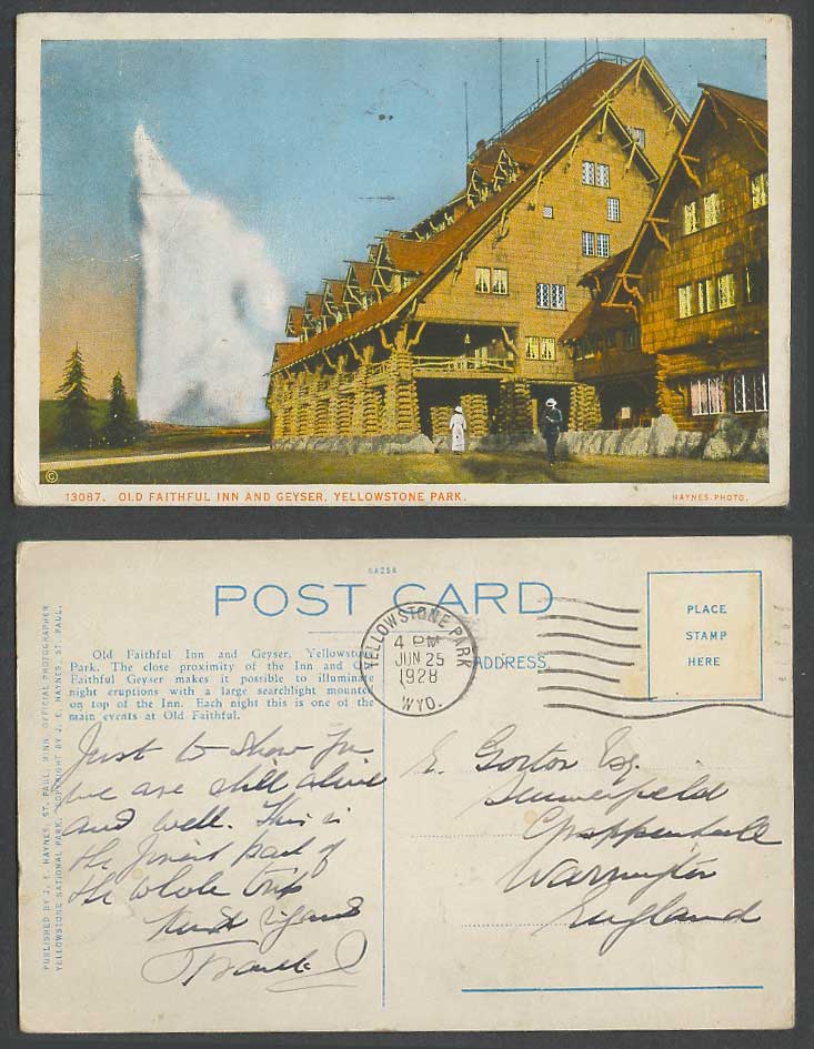 USA 1928 Vintage Colour Postcard Yellowstone Park Old Faithful Inn Hotel, Geyser