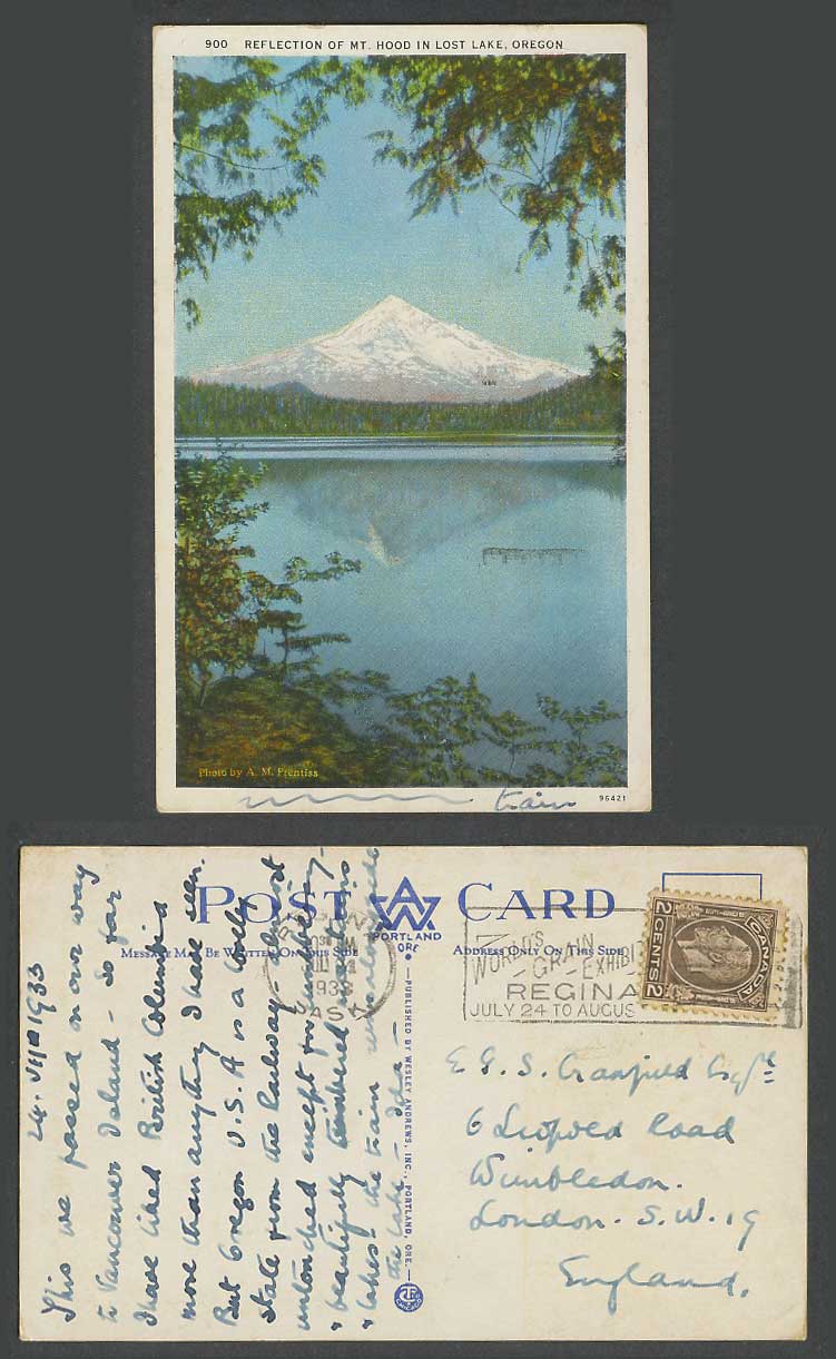 USA 1933 Old Colour Postcard Oregon Reflection of Mt. Hood in Lost Lake Mountain
