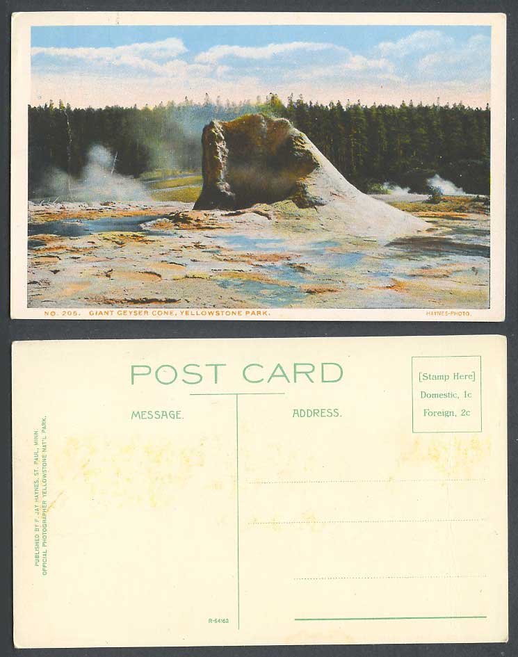 USA Old Colour Postcard Yellowstone Park Giant Geyser Cone Rocks Steam FJ Haynes