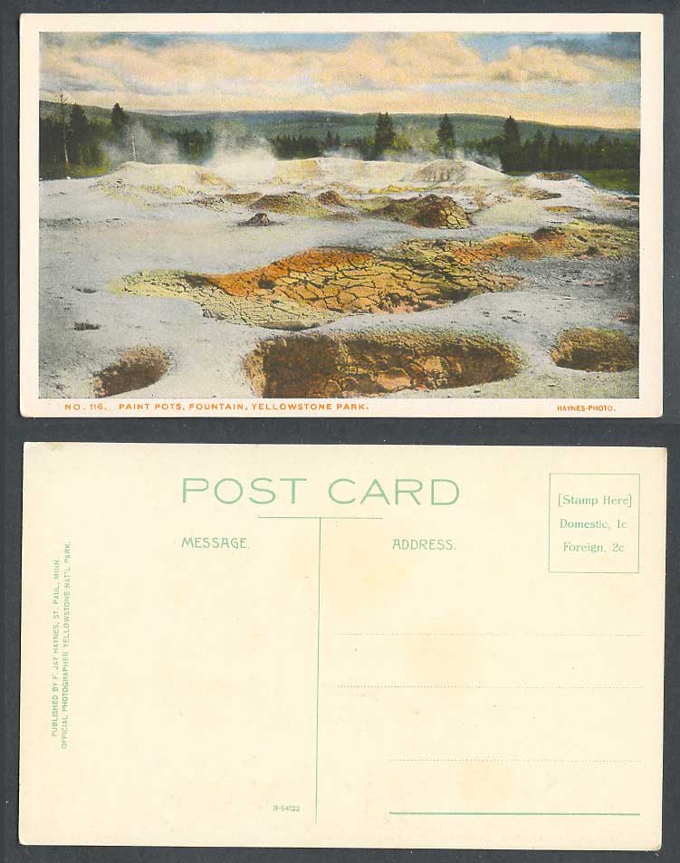 USA Old Colour Postcard Yellowstone Park Paint Pots Fountain F. Jay Haynes N.116