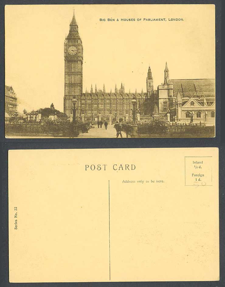 London Old Postcard Big Ben Houses of Parliament Clock Tower Garden Street Scene