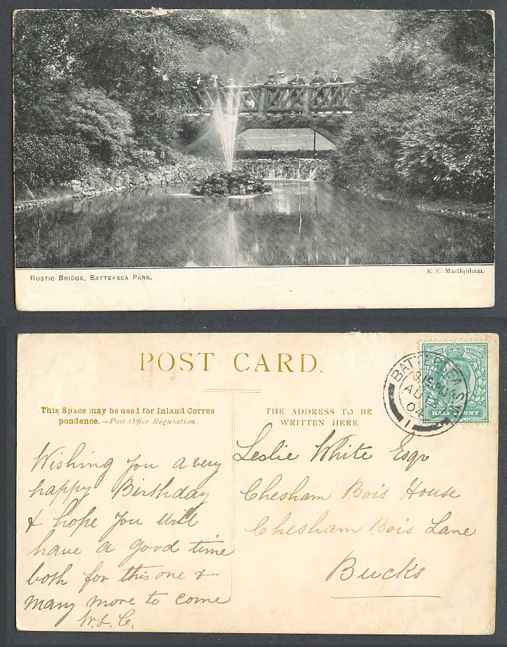 London 1904 Old Postcard Rustic Bridge Battersea Park Bridge Fountain Macilquham