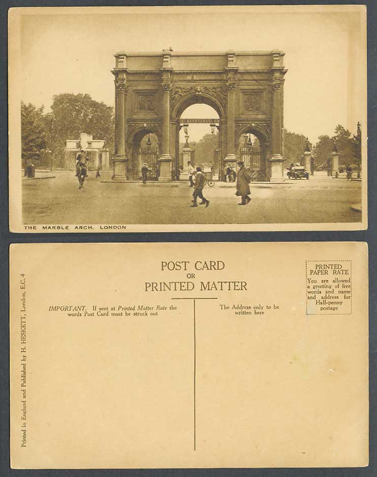London Old Postcard Marble Arch, Street Scene Horse Rider Vintage Motor Car Gate
