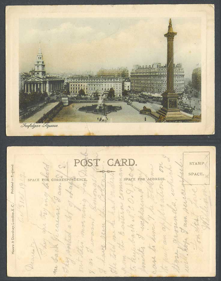 London 1919 Old Postcard Trafalgar Square, Nelson Column, Fountain, Street Scene