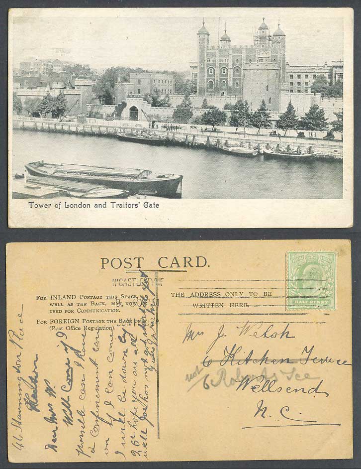 Tower of London and Traitors' Gate, Boats, Thames River Scene 1908 Old Postcard