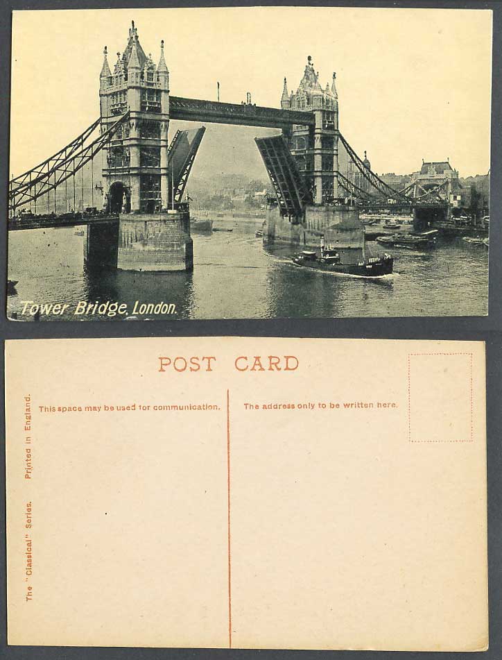 London Old Postcard Tower Bridge Open For Ships Boats to Pass Thames River Scene