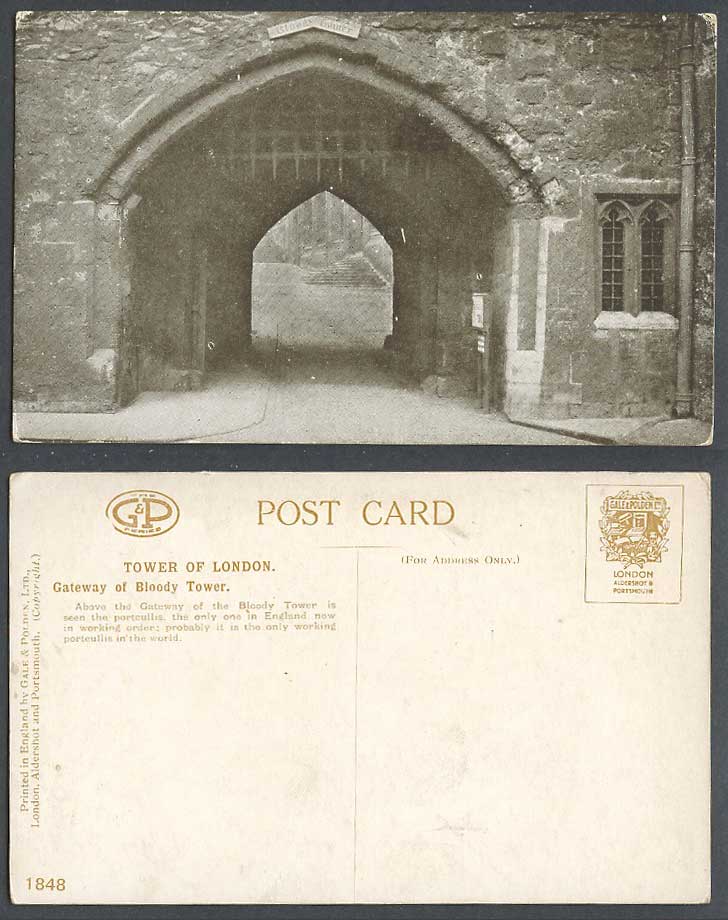 Gateway of Bloody Tower of London, World's Only Working Portcullis Old Postcard