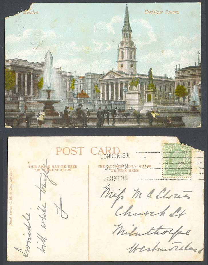 London 1906 Old Postcard Trafalgar Square Fountain Statue St Martin-in-the-Field