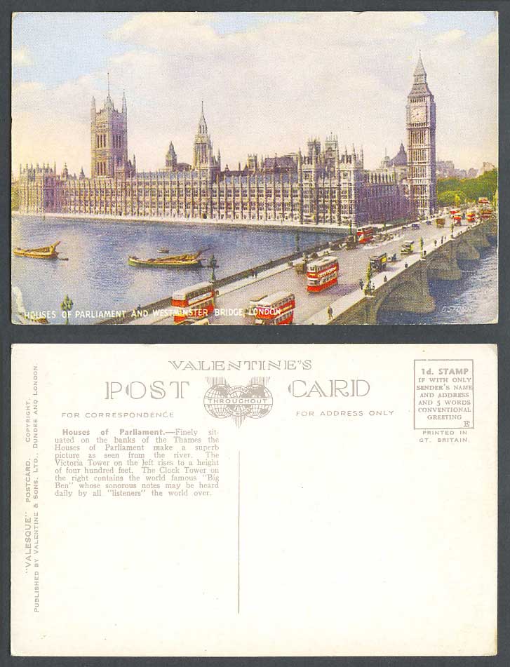 Houses of Parliament Westminster Bridge, Big Ben Clock Thames River Old Postcard