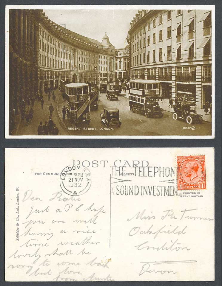London 1932 Old Postcard Regent Street Scene Vintage Motor Cars Buses, Telephone