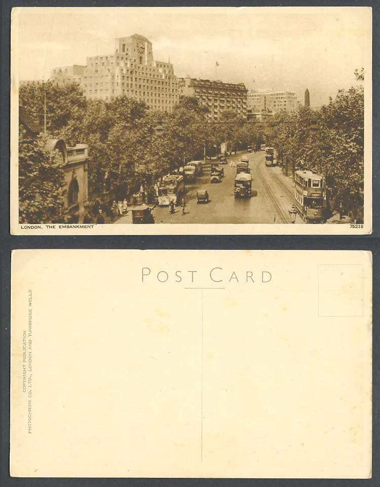 London Old Postcard The Embankment, Street Scene, Tram Trams Tramway, Bus Buses
