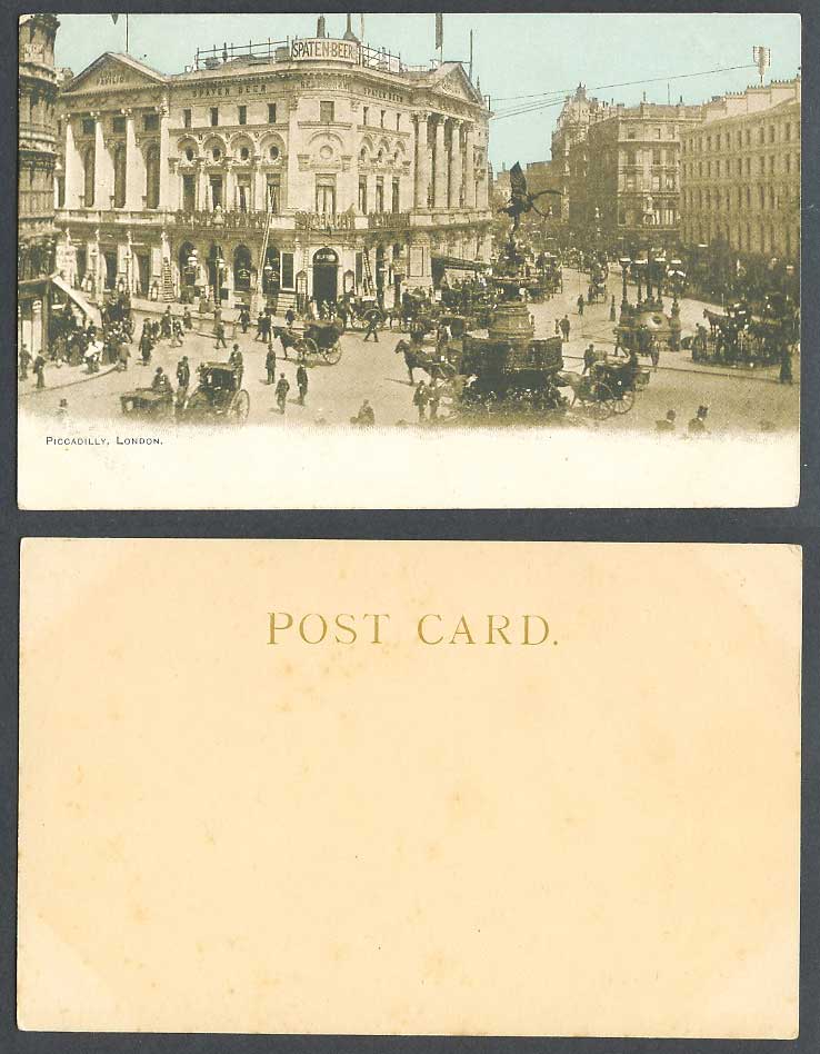 London Piccadilly Circus SPATEN BEER Ad Eros Statue Street Scene Old UB Postcard