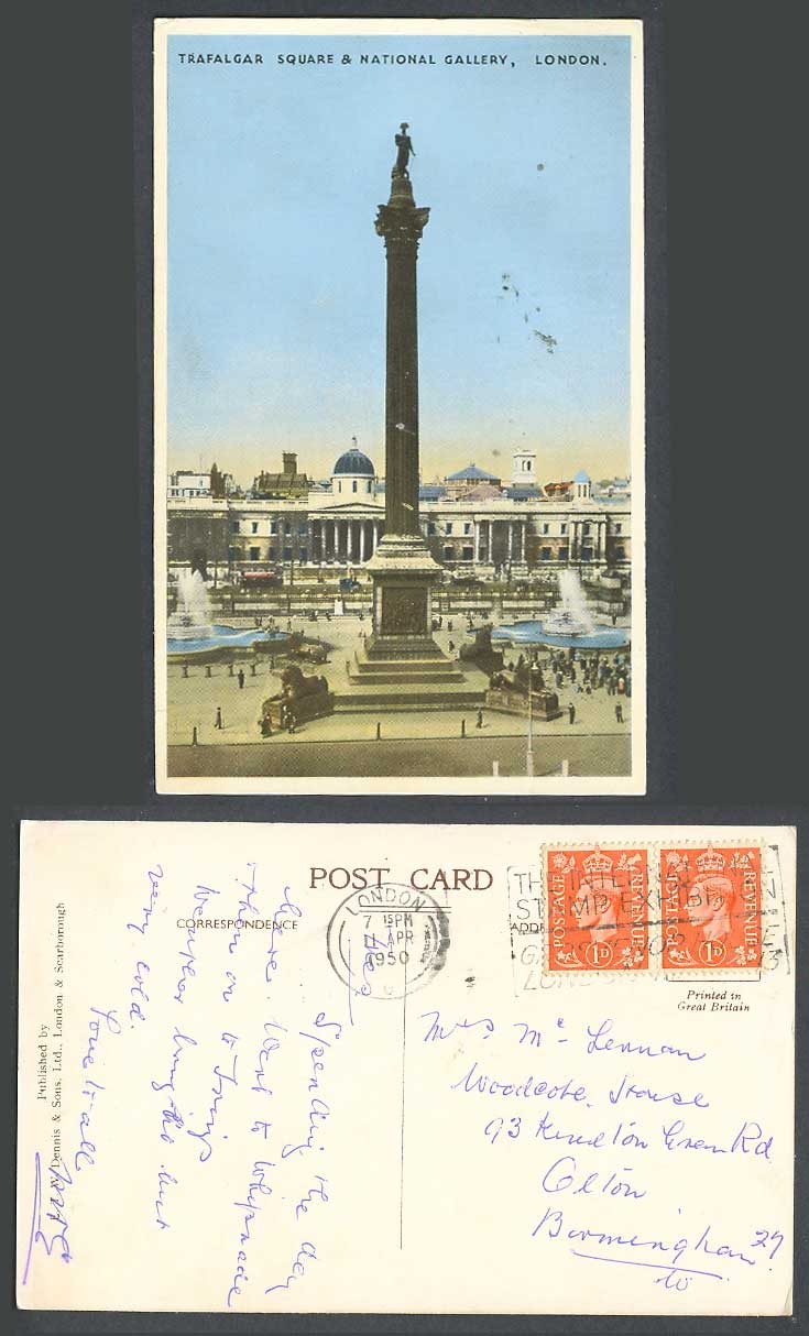 London 1950 Old Colour Postcard National Gallery Trafalgar Square Nelsons Column