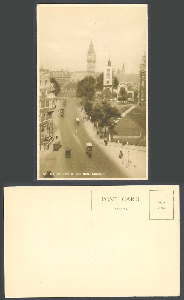 London Old Postcard St. Margaret's Church and Big Ben Clock Tower, Street Scene