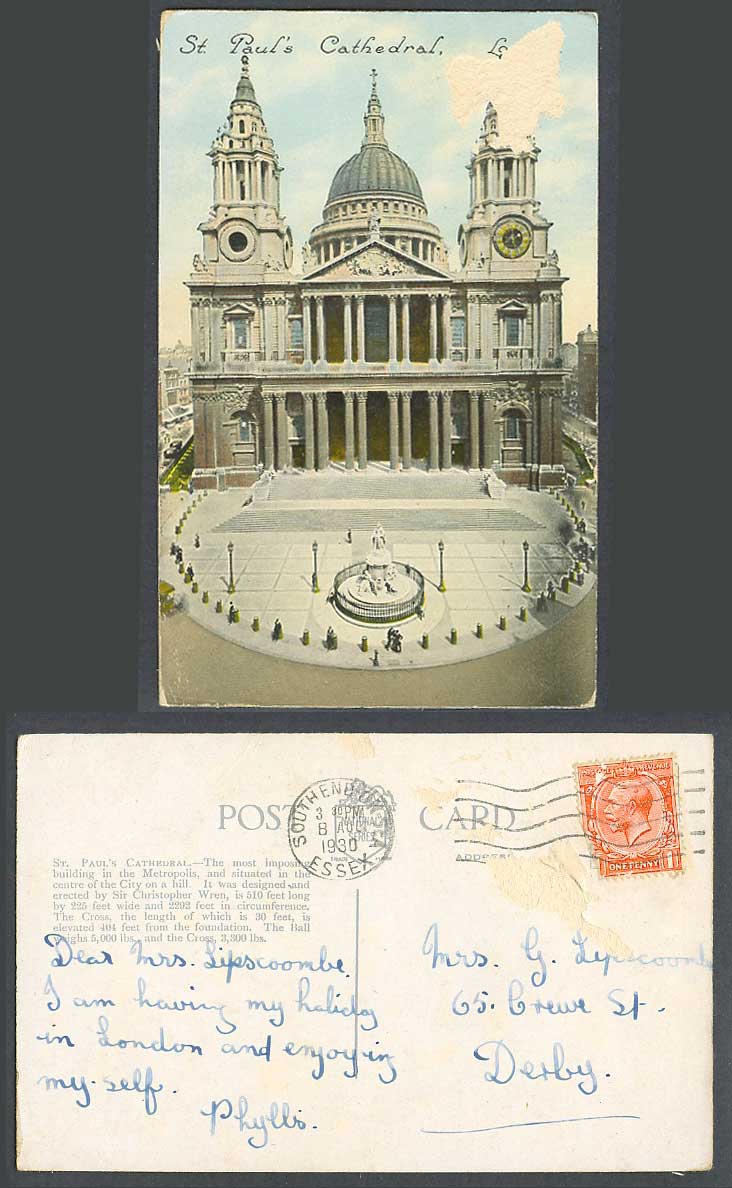London 1930 Old Colour Postcard St. Paul's Cathedral, Statue of Queen Anne Clock