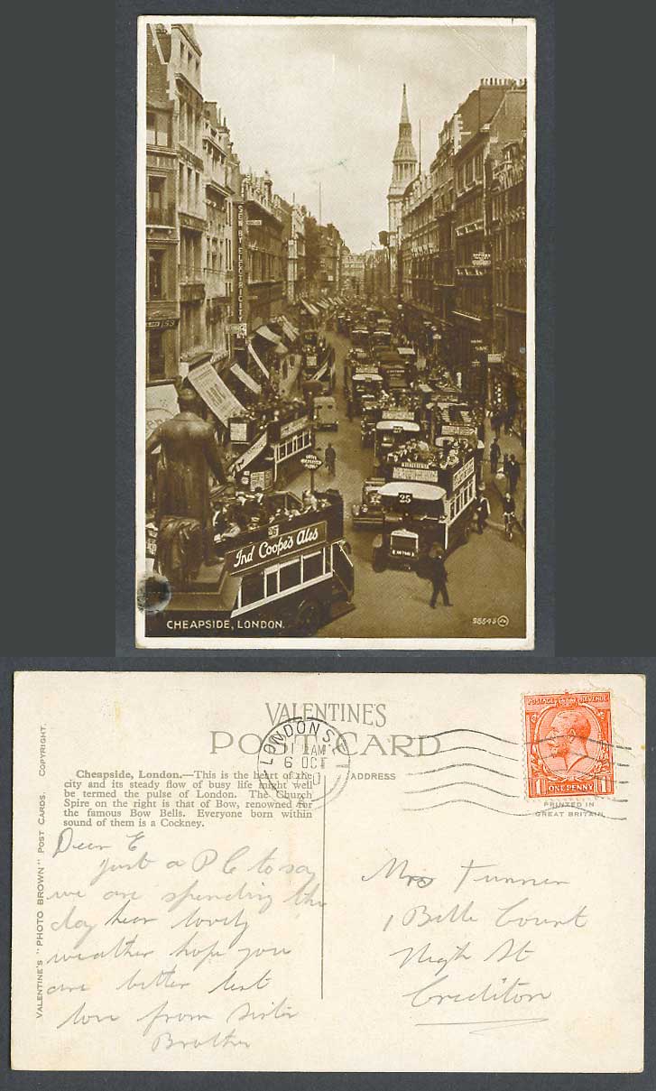 London 1930 Old Postcard Cheapside Street Scene, Church Spire Bow Bells, Cockney