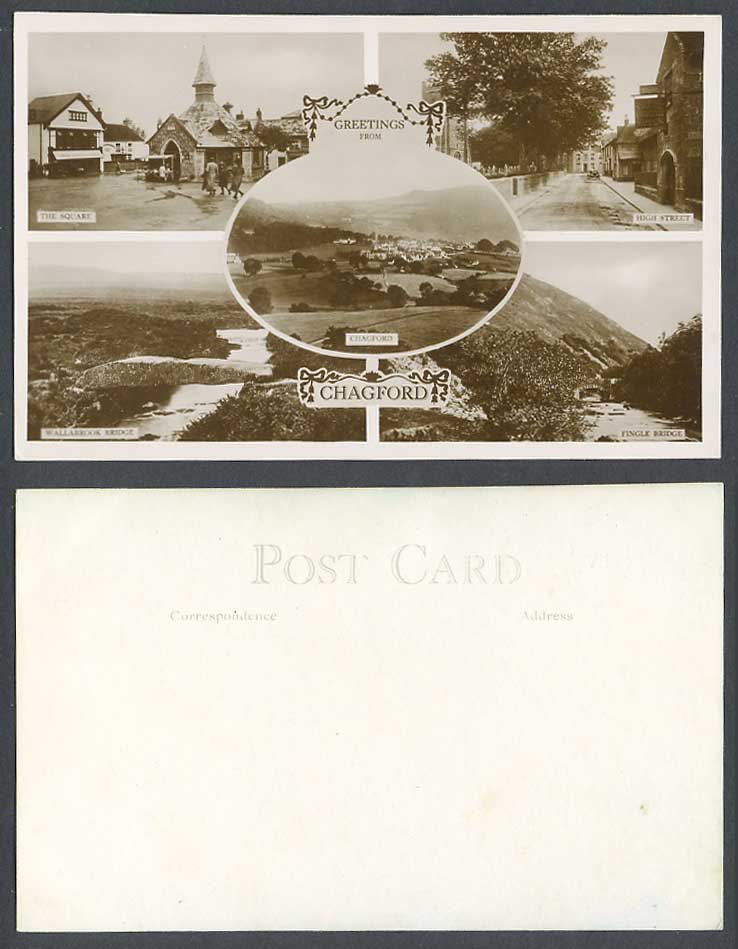 Chagford Devon Old Postcard Square, Wallabrook Bridge, High Street Fingle Bridge