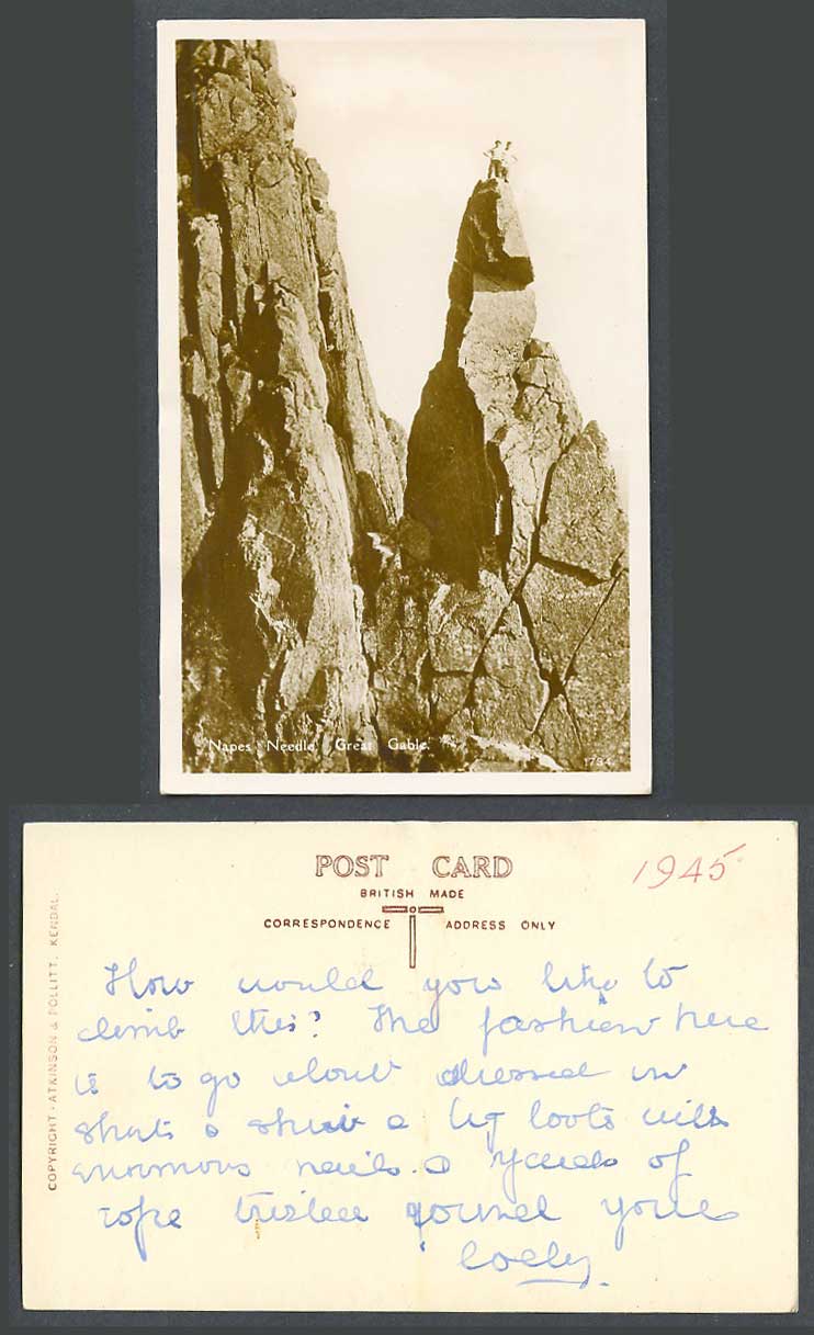Napes Needle Great Gable 1945 Old Real Photo Postcard 2 Men on Summit Peak Rocks