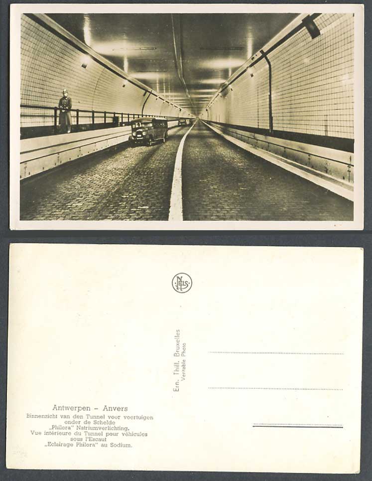 Belgium Old Postcard Tunnel for Vehicles under Scheldt, Sodium Philora Lighting
